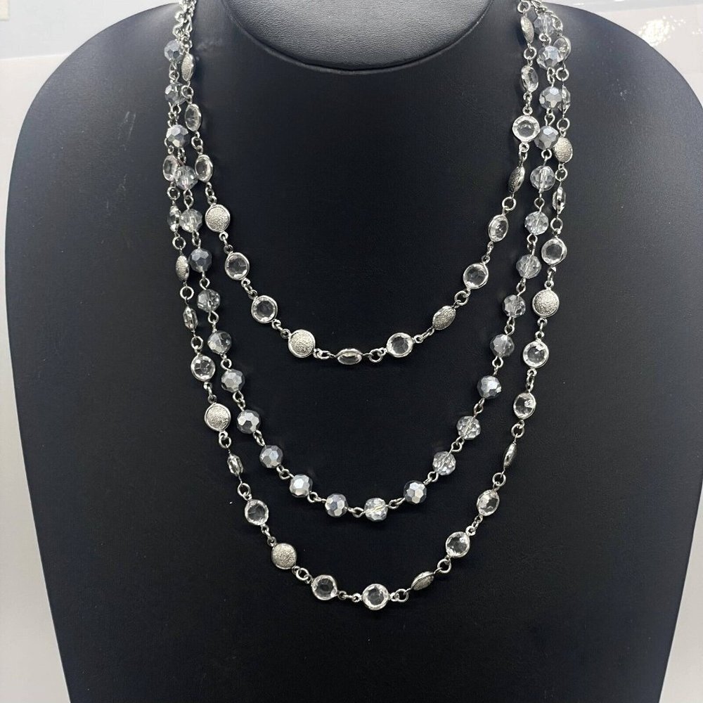 WHBM Triple Strand Crystal Clear Beaded Statement Necklace Silver Tone 18" - Picture 1 of 6